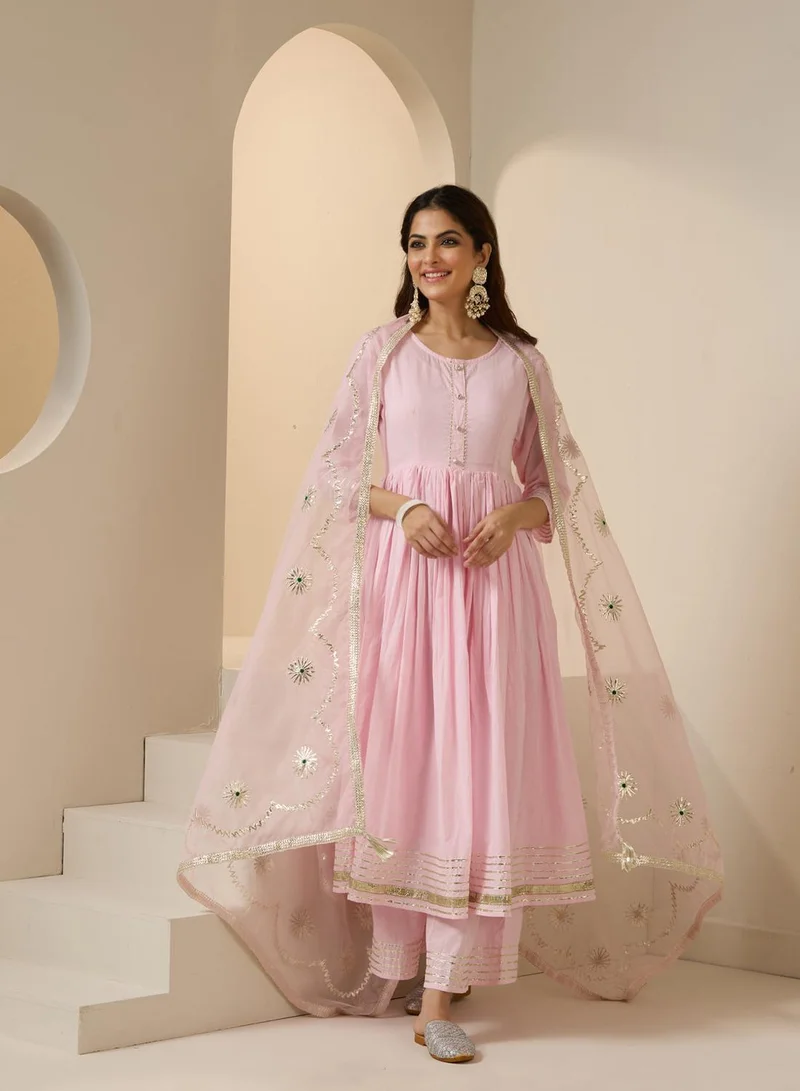 ISHIN  Women's Pink 100% Cotton Embroidered Tunic Full Length Palazzo Straight Fit Kurta Set for Women | Best Price UAE